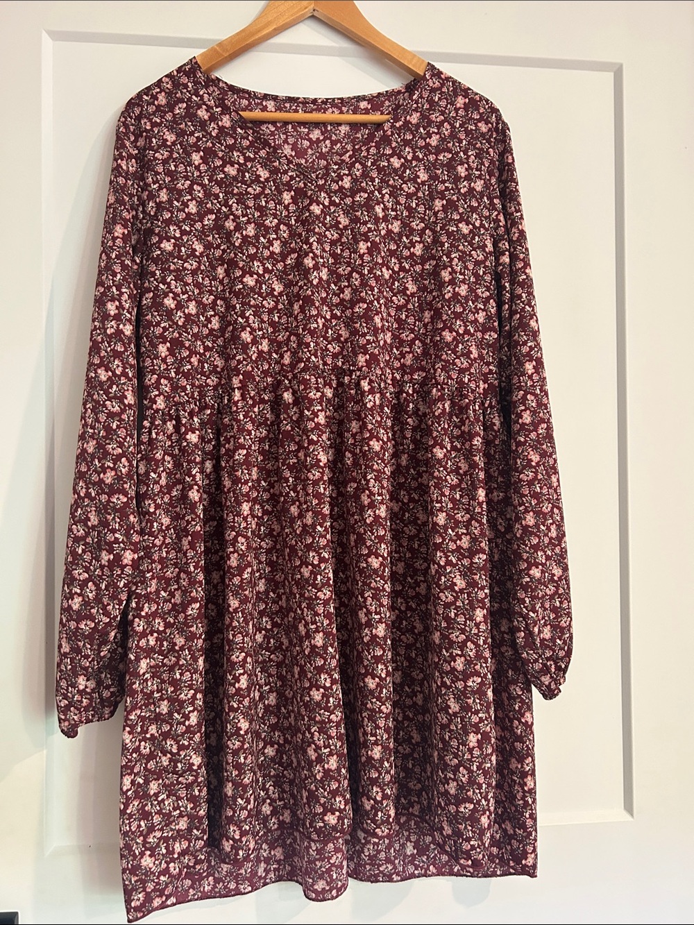 Burgundy Floral Long Sleeve Tunic Dress